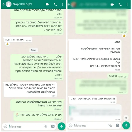צילום מסך של שיחות WhatsApp המציג משוב חיובי מלקוחות שהשתמשו בתוסף הניקוי וההגנה ChemiTeK Solar Wash Protect 50.
